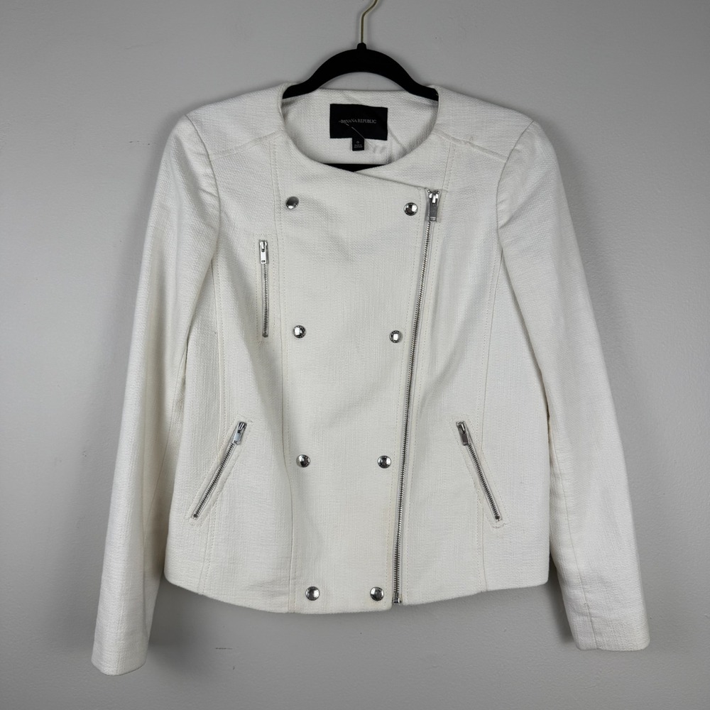 Banana Republic Moto Jacket Women's 0 Off White Cream Crew Neck Side Zip Career